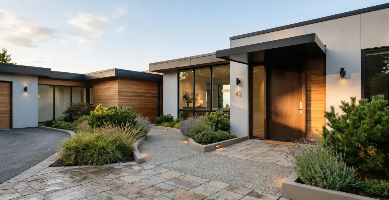 A welcoming home entrance featuring a gently sloped walkway with elegant landscaping, wide doorway with lever handles, and warm lighting fixtures, demonstrating seamless universal design without visible ramps or medical equipment