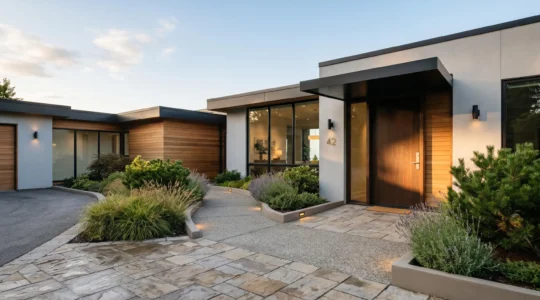 A welcoming home entrance featuring a gently sloped walkway with elegant landscaping, wide doorway with lever handles, and warm lighting fixtures, demonstrating seamless universal design without visible ramps or medical equipment