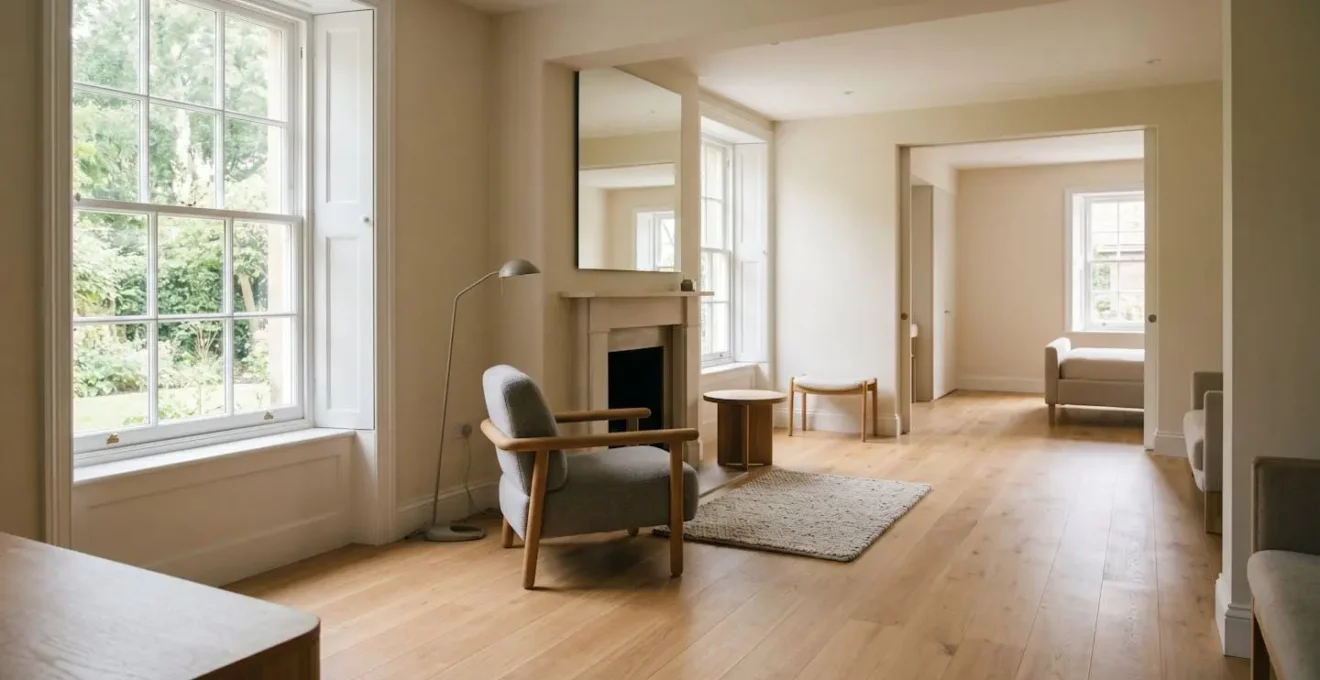 A serene British home interior showing a carefully designed accessible living space with natural light, subtle safety features blended into elegant decor, representing dignity and independence in aging