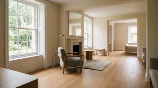 A serene British home interior showing a carefully designed accessible living space with natural light, subtle safety features blended into elegant decor, representing dignity and independence in aging