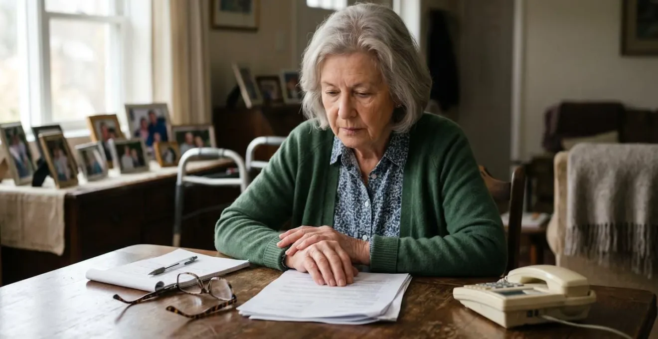 Elderly person at home thoughtfully reviewing care options while natural light streams through window