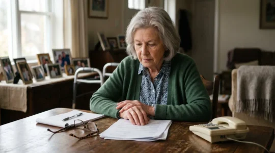 Elderly person at home thoughtfully reviewing care options while natural light streams through window