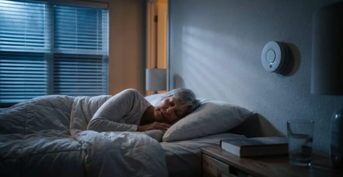 Carbon monoxide detector mounted on bedroom wall beside sleeping senior, safety at night