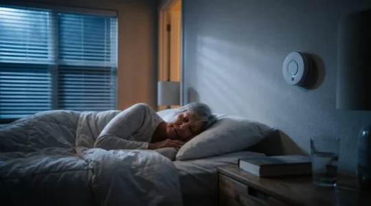 Carbon monoxide detector mounted on bedroom wall beside sleeping senior, safety at night