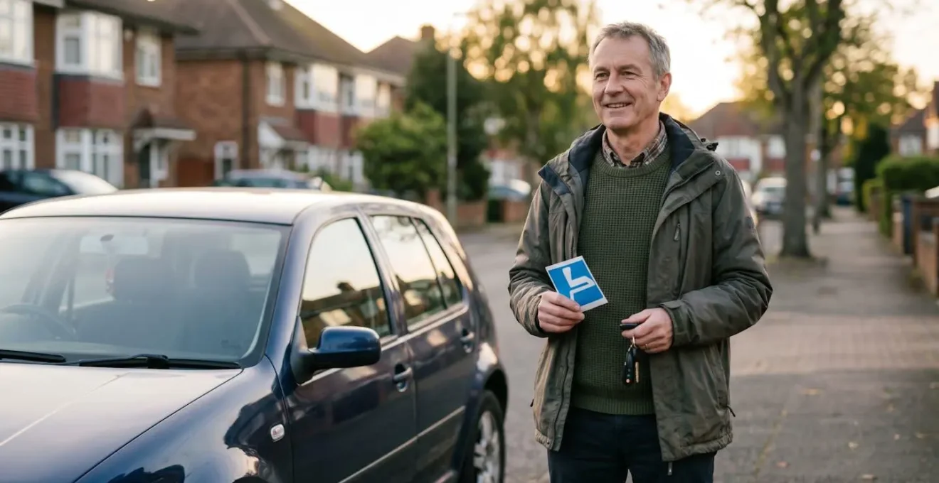 Person with invisible disability confidently holding Blue Badge parking permit with car keys in natural daylight