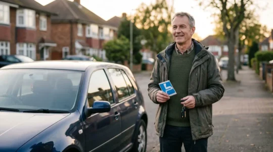 Person with invisible disability confidently holding Blue Badge parking permit with car keys in natural daylight