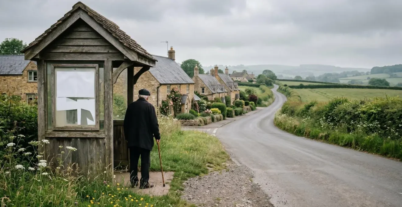 Elderly person standing alone at a rural bus stop in a picturesque English village with empty timetable board