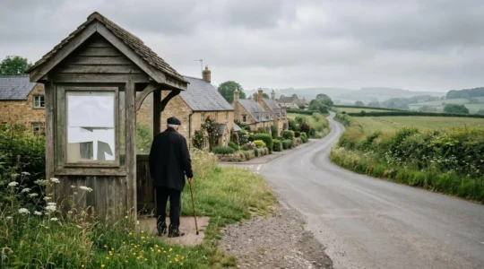Elderly person standing alone at a rural bus stop in a picturesque English village with empty timetable board