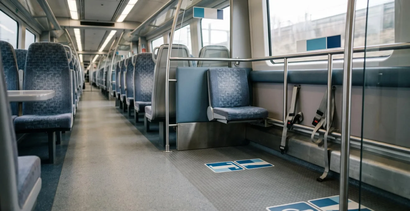 Professional wide-angle photograph showing accessible public transport environment with wheelchair space and modern urban mobility design
