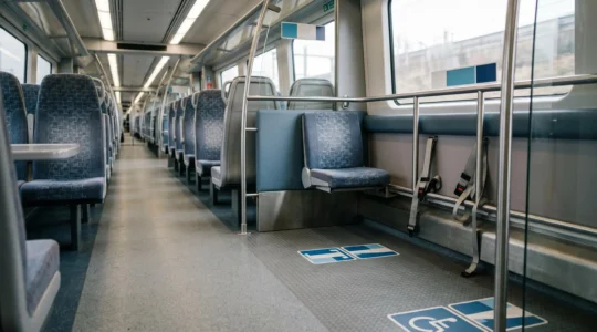 Professional wide-angle photograph showing accessible public transport environment with wheelchair space and modern urban mobility design