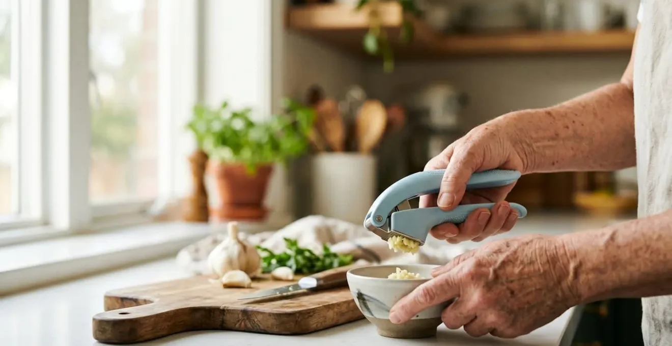 Senior hands confidently using adaptive kitchen tools on a clean countertop with natural lighting