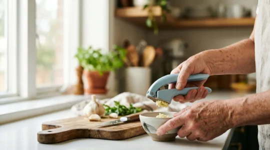 Senior hands confidently using adaptive kitchen tools on a clean countertop with natural lighting