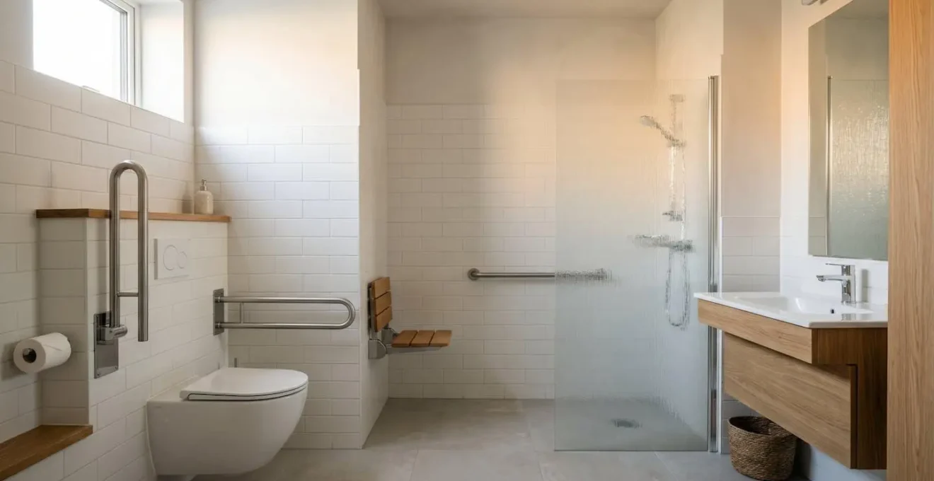 Strategic grab bar placement in compact accessible bathroom showing ergonomic positioning for maximum leverage and safety