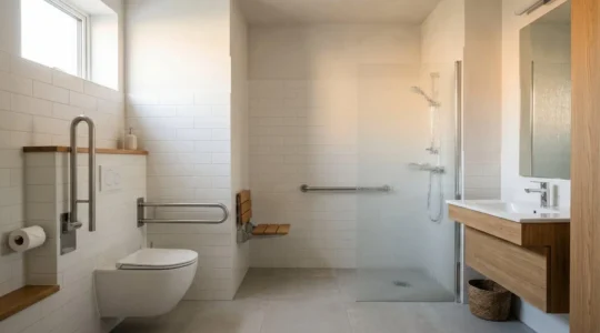 Strategic grab bar placement in compact accessible bathroom showing ergonomic positioning for maximum leverage and safety