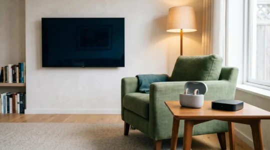 Senior watching television with wireless hearing aid connectivity setup in comfortable living room
