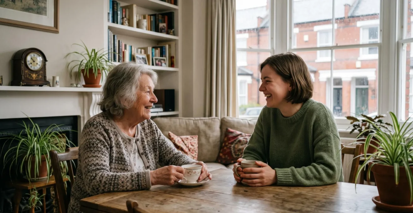 Warm intergenerational moment showing senior and young person sharing a home together in comfortable UK setting