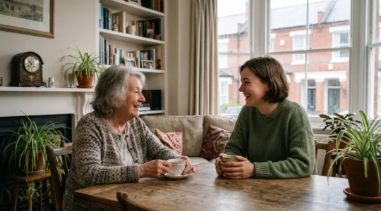 Warm intergenerational moment showing senior and young person sharing a home together in comfortable UK setting