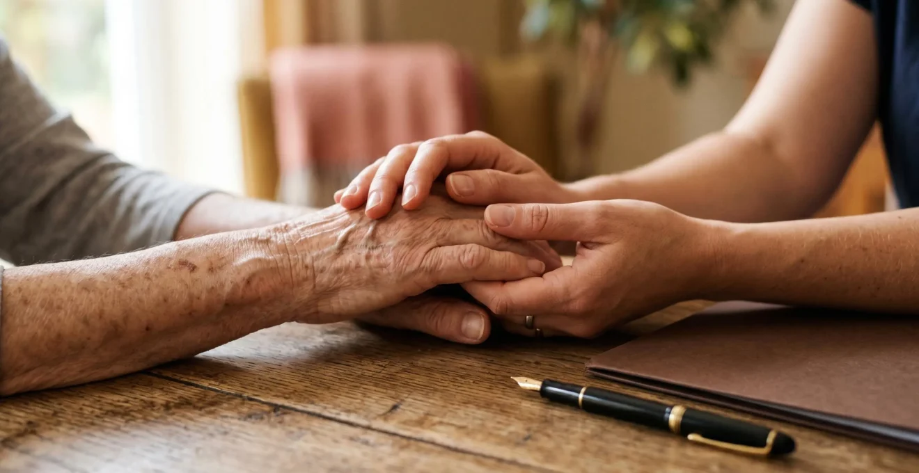 Intimate moment showing clasped hands representing trust and legal protection for senior care decisions