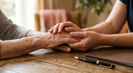 Intimate moment showing clasped hands representing trust and legal protection for senior care decisions