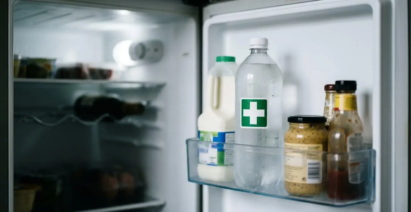 Small green-labeled plastic bottle containing medical information form placed inside refrigerator door compartment alongside everyday items