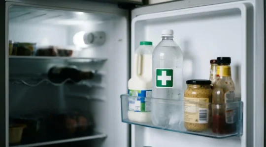 Small green-labeled plastic bottle containing medical information form placed inside refrigerator door compartment alongside everyday items