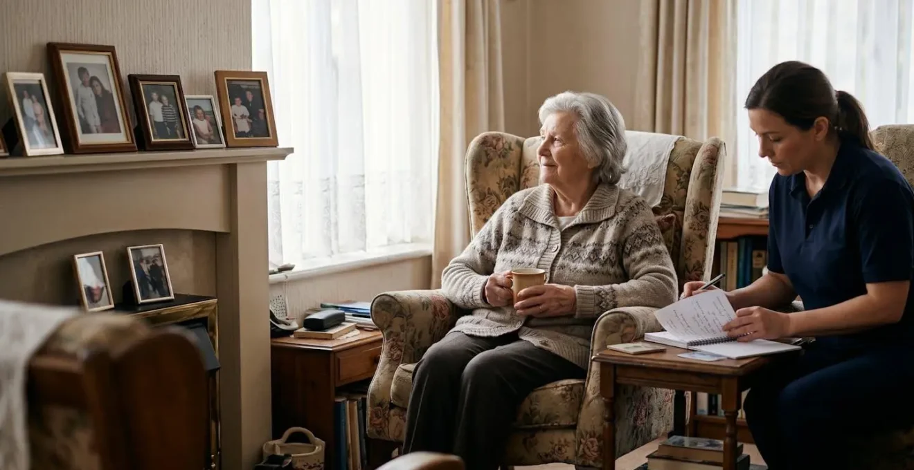 Elderly person at home with live-in caregiver in warm domestic setting