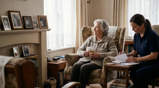 Elderly person at home with live-in caregiver in warm domestic setting