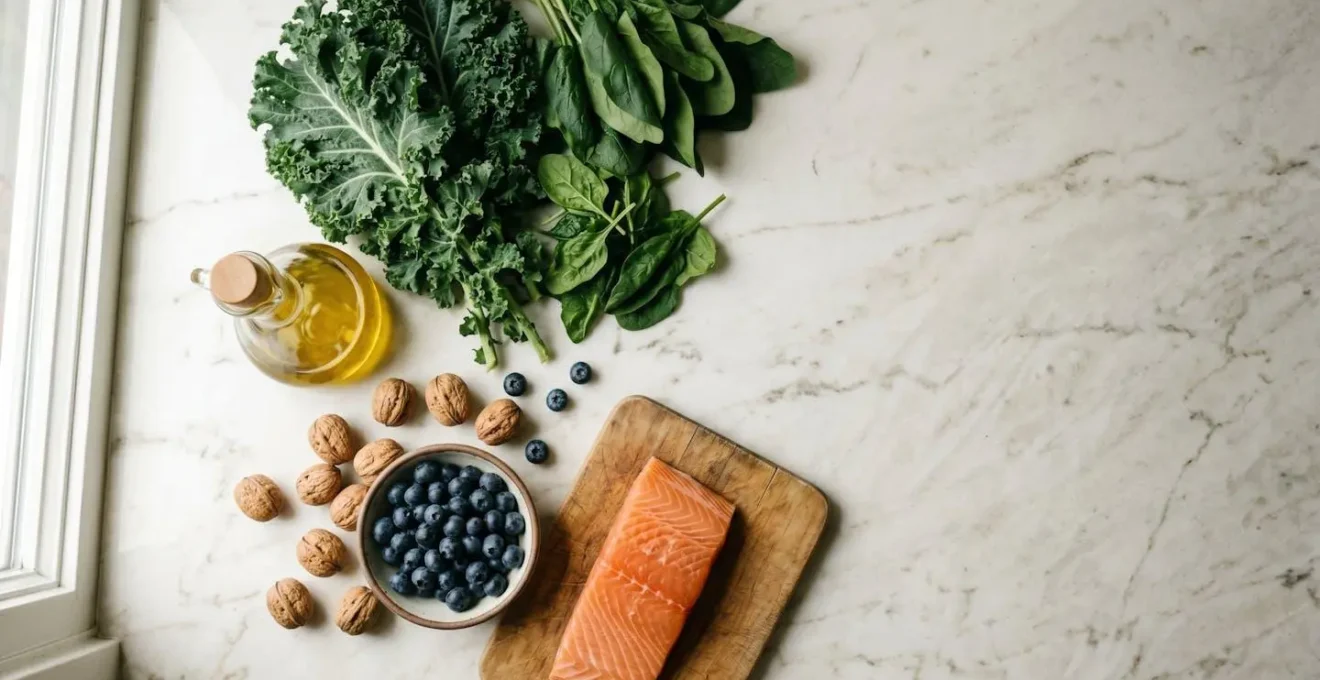 Overhead view of vibrant Mediterranean-style meal preparation with fresh leafy greens, olive oil, and colorful vegetables arranged naturally on a kitchen counter