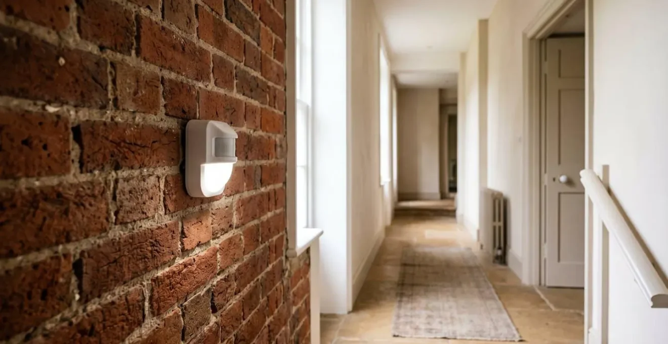 Motion sensor light switch mounted on UK masonry wall with wiring visible in safe installation