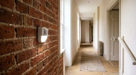 Motion sensor light switch mounted on UK masonry wall with wiring visible in safe installation