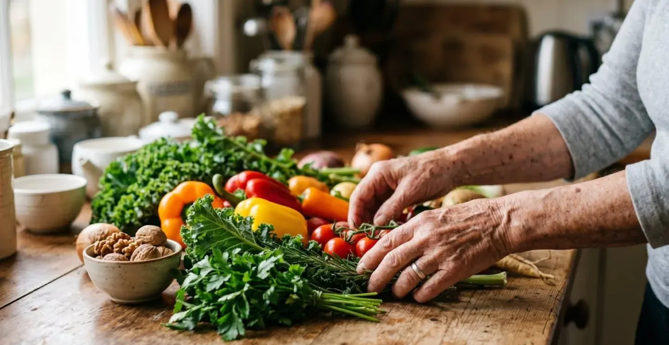 Elderly hands preparing fresh colorful vegetables and herbs on a wooden kitchen counter with soft natural light