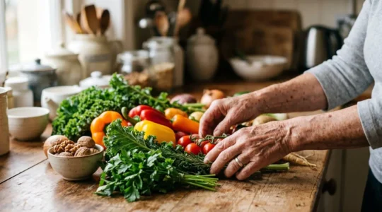 Elderly hands preparing fresh colorful vegetables and herbs on a wooden kitchen counter with soft natural light