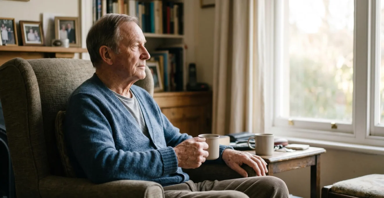 A contemplative senior man sitting alone in a softly lit living room, gazing through a window with natural daylight streaming in