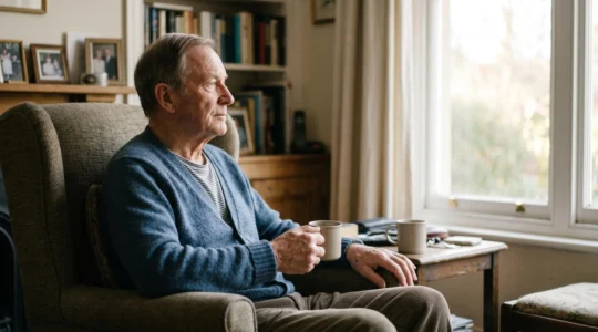 A contemplative senior man sitting alone in a softly lit living room, gazing through a window with natural daylight streaming in