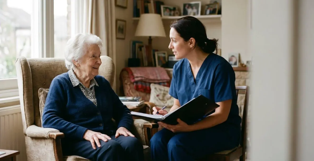 Senior person at home receiving care assessment consultation