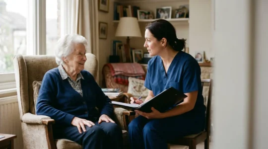 Senior person at home receiving care assessment consultation