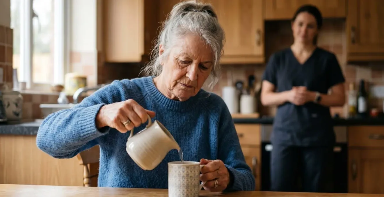 Senior person actively engaged in daily living activity with supportive care professional observing in background