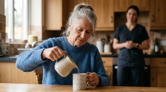 Senior person actively engaged in daily living activity with supportive care professional observing in background