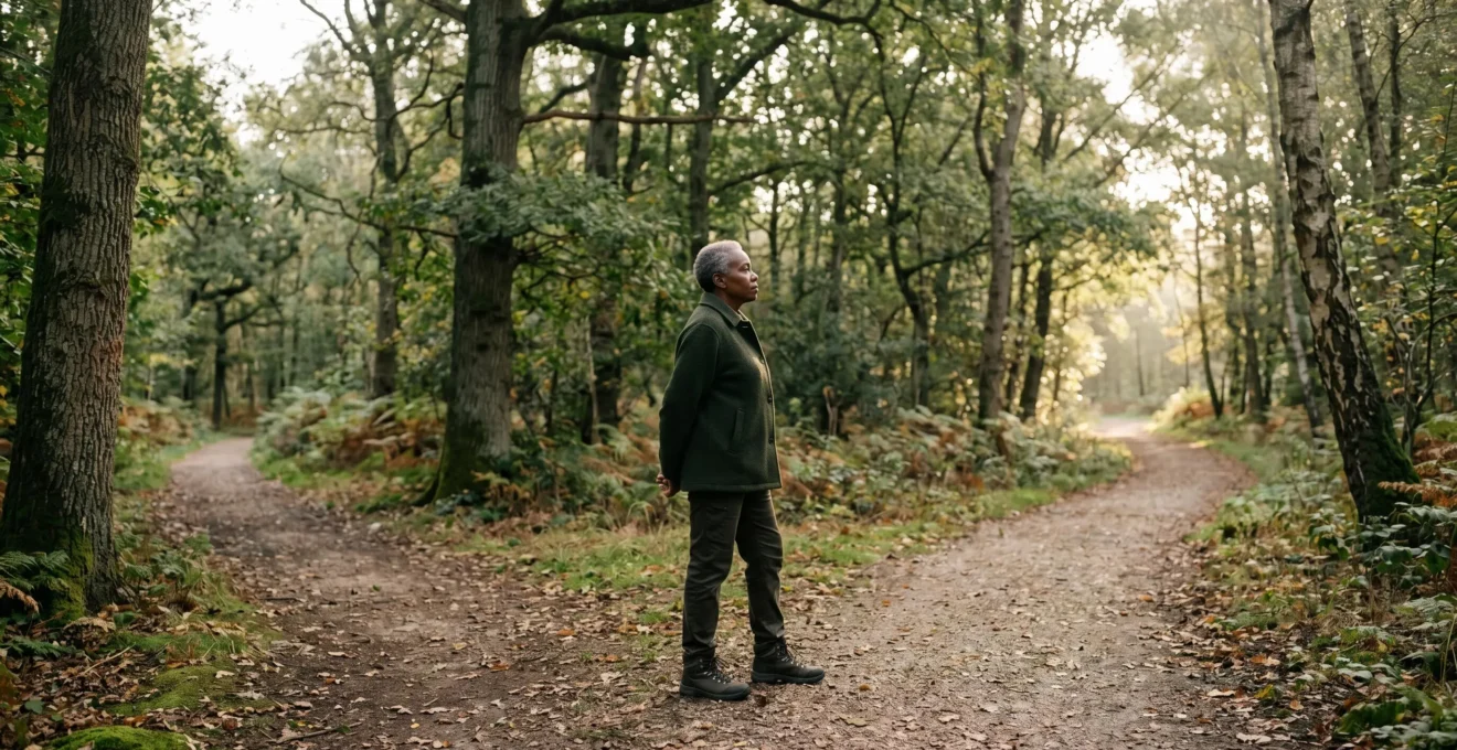 Senior person standing at a crossroads path in natural landscape contemplating new life direction
