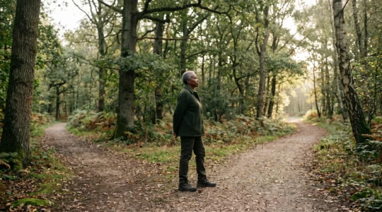 Senior person standing at a crossroads path in natural landscape contemplating new life direction