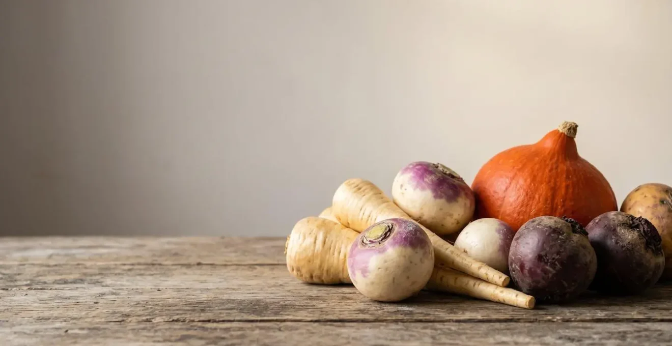 Close-up arrangement of seasonal winter root vegetables including parsnips and winter squash on rustic wooden surface with soft natural lighting