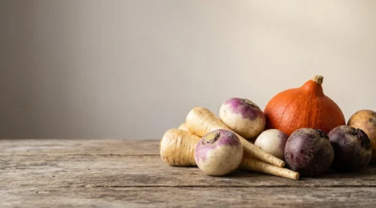 Close-up arrangement of seasonal winter root vegetables including parsnips and winter squash on rustic wooden surface with soft natural lighting