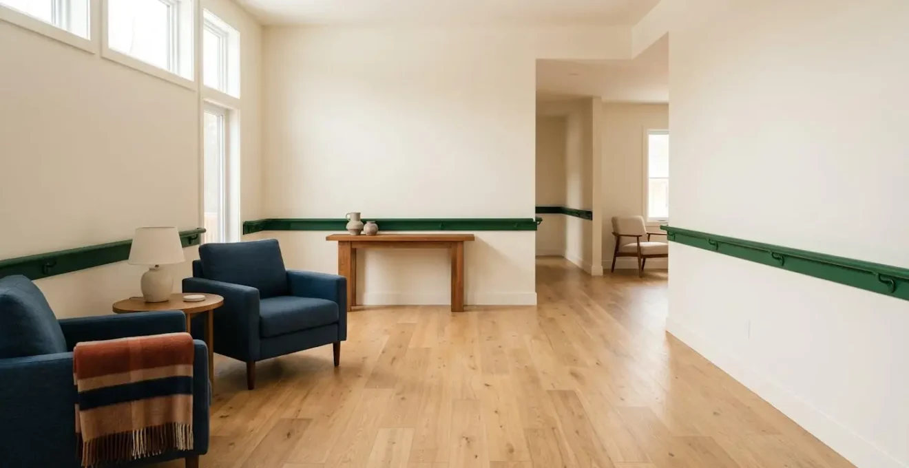 A thoughtfully adapted home interior showcasing safety modifications for dementia care, featuring visual contrast and uncluttered pathways