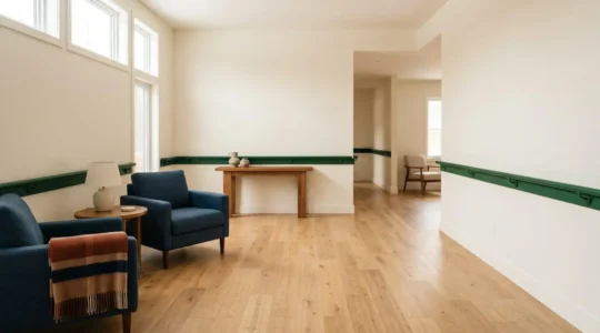 A thoughtfully adapted home interior showcasing safety modifications for dementia care, featuring visual contrast and uncluttered pathways