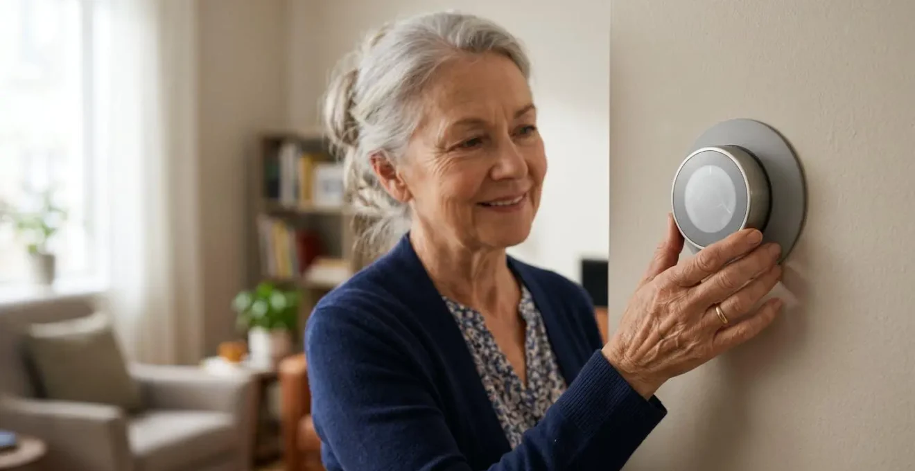 Senior adult using smart home thermostat with clear interface and accessible controls