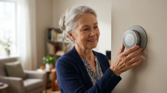 Senior adult using smart home thermostat with clear interface and accessible controls