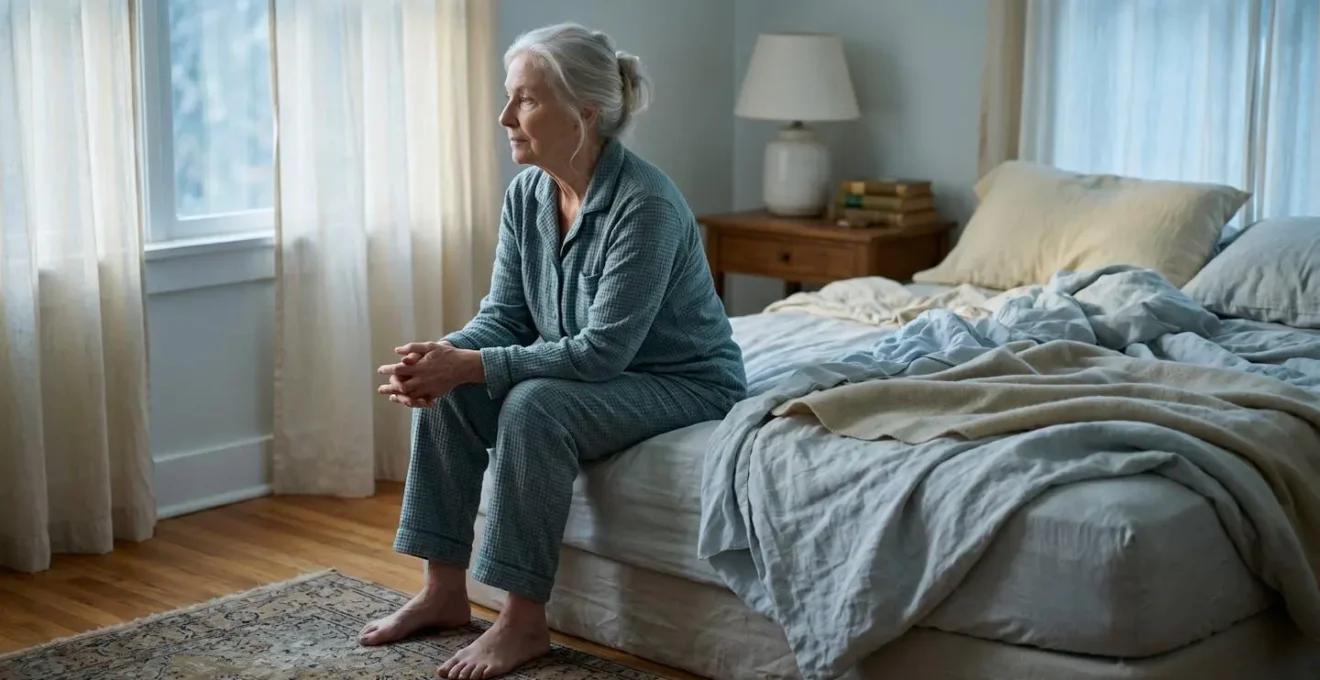 Peaceful early morning bedroom scene with soft natural light filtering through curtains as an elderly person sits on the edge of their bed