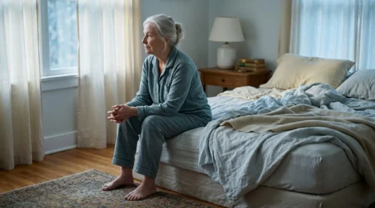 Peaceful early morning bedroom scene with soft natural light filtering through curtains as an elderly person sits on the edge of their bed