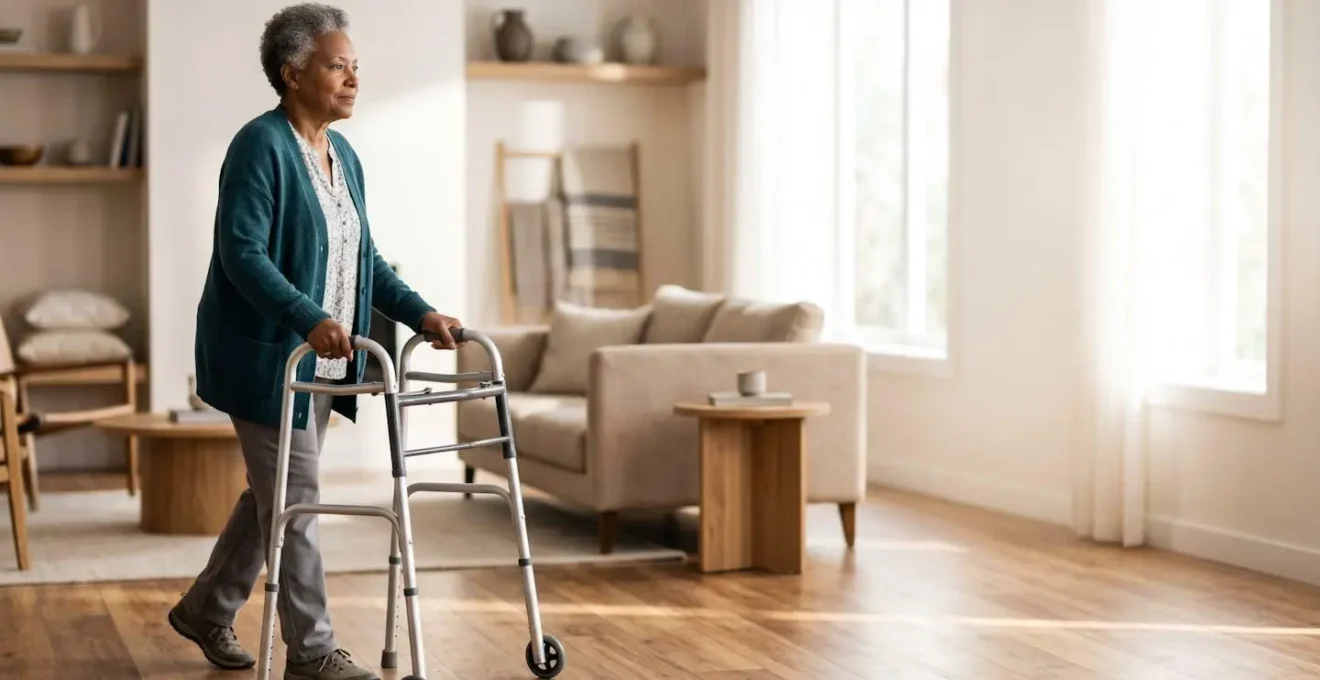 Senior person confidently using a mobility aid in a warm, naturally lit home environment, symbolizing acceptance and independence