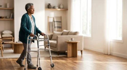 Senior person confidently using a mobility aid in a warm, naturally lit home environment, symbolizing acceptance and independence